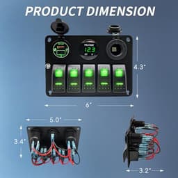 5 Gang Rocker Switch,Waterproof Pre-Wired Aluminum Panel with PD Type C and USB Cigarette Lighter Socket Voltmeter 12V 24V ON Off Switch Panel for