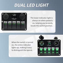 5 Gang Rocker Switch,Waterproof Pre-Wired Aluminum Panel with PD Type C and USB Cigarette Lighter Socket Voltmeter 12V 24V ON Off Switch Panel for