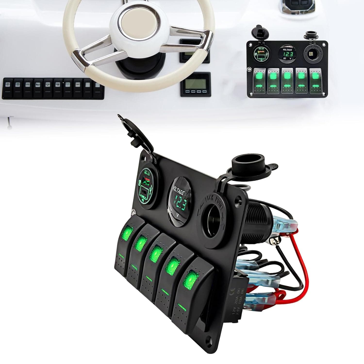 5 Gang Rocker Switch,Waterproof Pre-Wired Aluminum Panel with PD Type C and USB Cigarette Lighter Socket Voltmeter 12V 24V ON Off Switch Panel for